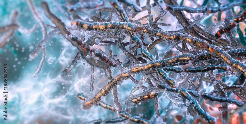 Obraz premium Streptomyces bacteria: secondary metabolite such as Streptomycin or Erythromycin secretion and antibiotic synthesis within biofilm matrix. Actinomycetes filamentous mycelium and hyphae structures