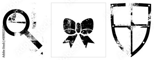 Distressed black magnifying glass for search, bow tie for elegance, shield for protection, all with gritty texture, vector symbols.