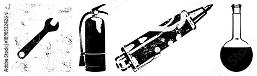 Grunge style vector of wrench, fire extinguisher, tattoo gun, and lab flask, isolated on transparent background, distressed texture,, industrial and scientific tools.