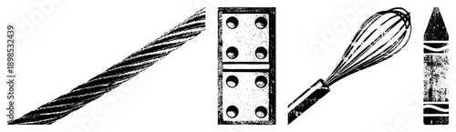 Whisk,, crayon, and twisted wire rendered in gritty halftone, retro kitchen utensils, stylized culinary props, graphic design elements.