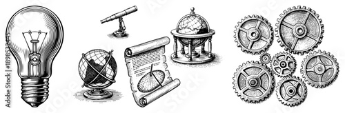Antique light bulb, telescope, globes, parchment scroll, and interlocking gears, classic engraving style, educational or historical illustration.