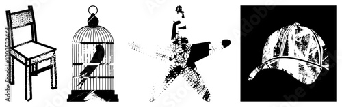 Minimalist featuring a wooden chair, birdcage with bird, textured starfish, and baseball cap, all in flat vector style with halftone grain.