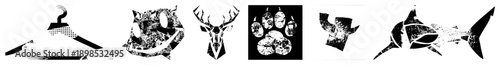 Vector halftone designs of a hanger, cat, deer, paw print, abstract shape, and shark, rendered in black and white with dot, ideal for graphic design, print, or digital art.