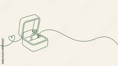 Minimalist continuous line drawing of an engagement ring in a box with a heart