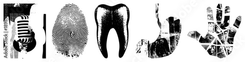 Black and white vector retro mic, fingerprint, molar tooth, stomach organ, fractured hand halftone texture, isolated elements for design use.