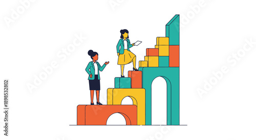 Career Path: Businesswomen Climbing Steps of Success. Mentorship, Professional Development, and Goal Achievement Vector Illustration.