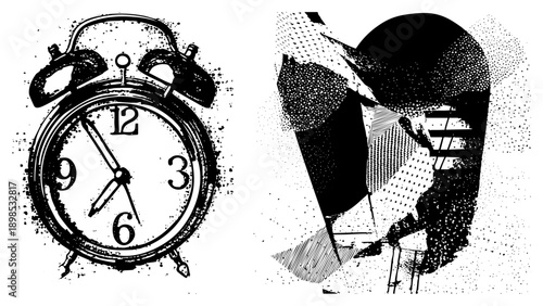 Classic analog alarm clock with bells, hour markers, and hands, rendered in halftone dot, retro style, isolated vector graphic.