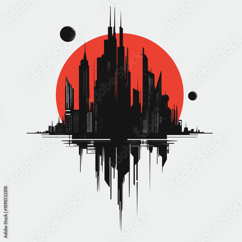 Futuristic Cityscape with Red Sun and Planets
