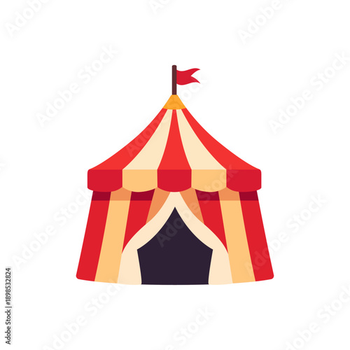 Striped circus tent with open entrance and flag, colorful vector flat style illustration
