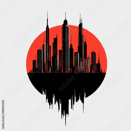 Futuristic Cityscape with Red Sun and Planets