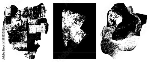 Fragmented abstract forms with halftone and pixelated textures, graphic design elements, digital art, compositions, vector art motifs.