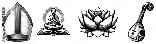 Black & white vector art bishop’s mitre, meditating Buddha, lotus, mandolin. Spiritual, cultural, musical motifs in minimalist style.