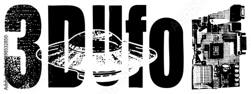 Stylized 3D text logo with embedded circuit board, tech typography, digital design, black and white vector graphic, isolated tech branding element.