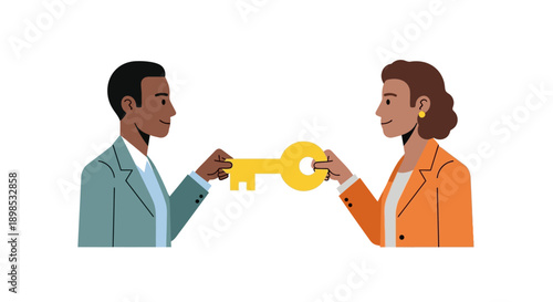 Diverse Business Partnership Sharing Golden Key for Success and Solution