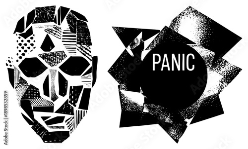 Abstract shattered face with halftone textures, emotional expression, graphic design, typography, distress art, psychological symbol, vector illustration.