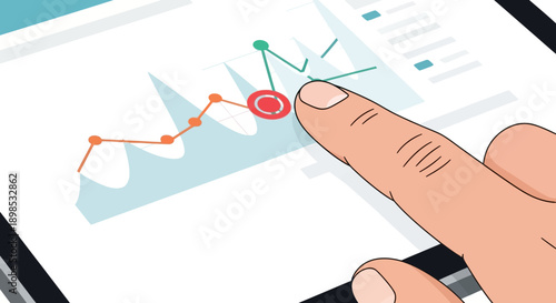 Business Data Analysis: Hand Taps Peak of Financial Line Graph on Tablet Display, Showing Growth and Market Performance Trend