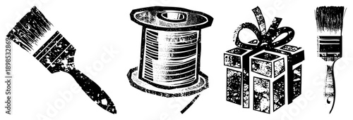 Classic craft tools including paintbrushes, thread spool, and gift wrapped box, rendered in halftone style, ideal for creative projects or retro design.