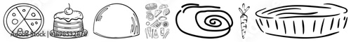 Simple art food illustrations pizza slices, layered cake, dome, sushi assortment, cinnamon roll, carrot, pie. Minimalist style, ideal for menus or apps.