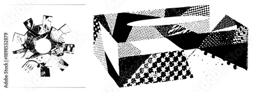 Dynamic black and white abstract forms using halftone, stippling, and geometric fragmentation. Artistic vector composition with textured and angular shapes.