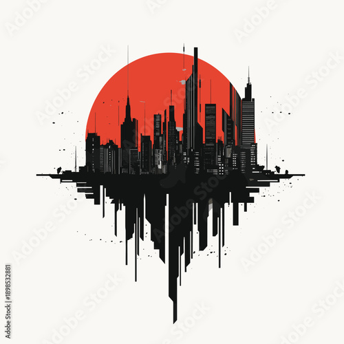 Futuristic Cityscape with Red Sun and Planets