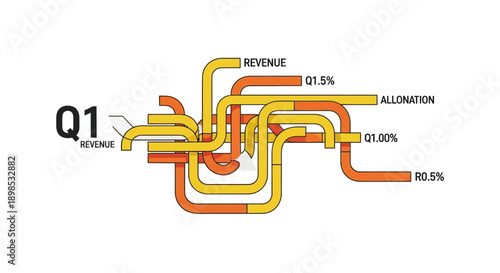 Intertwined Pipeline Diagram for Q1 Revenue Flow, Business Data Allocation, and Complex Financial Distribution Visualization