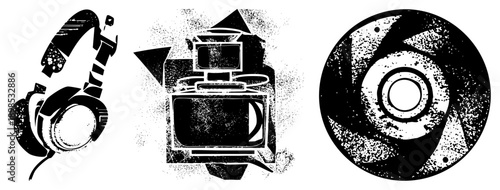 Classic gear, film camera, optical disc, retro tech symbols, vector art, nostalgic devices, analog era.