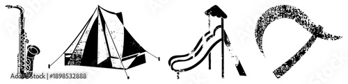 Black and white vector of saxophone, camping tent, playground slide, and musical note, stylized with distressed texture, ideal for retro design projects.