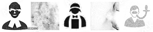 Black and white halftone graphic of clergyman, dot matrix style, religious figure, smiling priest, clergy, vector silhouette.