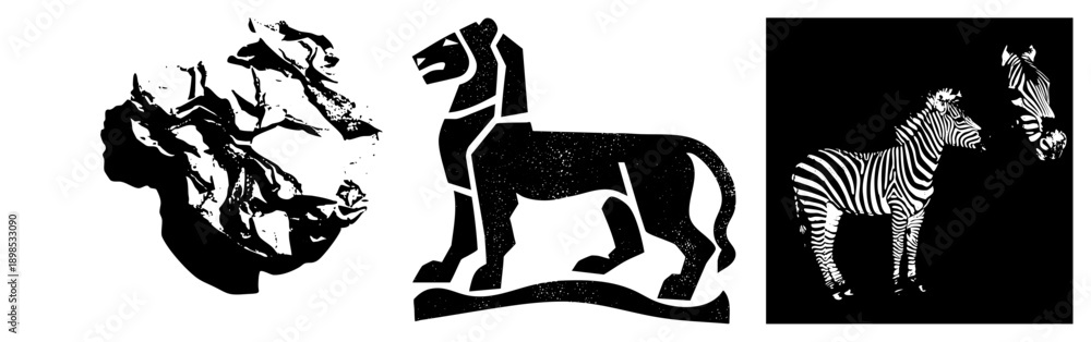 Obraz premium Stylized lion, zebra, and fragmented animal forms in bold black and white, vector art with halftone texture and clean.