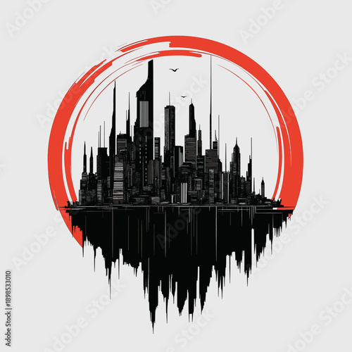 Futuristic Cityscape with Red Sun and Planets