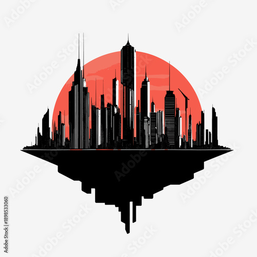 Futuristic Cityscape with Red Sun and Planets