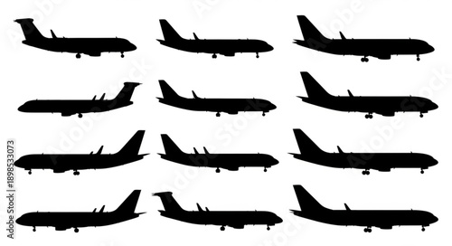 Collection of Airplane Silhouettes Isolated on White Background.