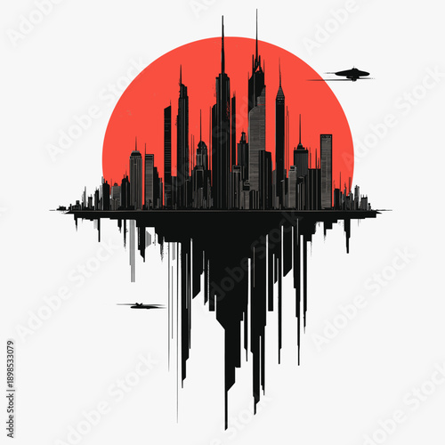 Futuristic Cityscape with Red Sun and Planets