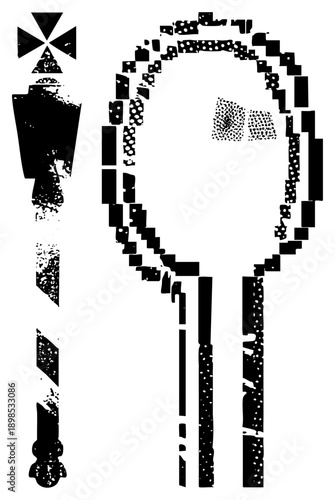 Black vector silhouette of war hammer and round shield, medieval combat gear, knight armor, battle weapon, historical reenactment prop, tactical equipment.