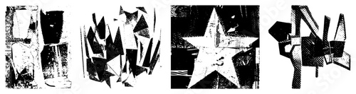 Fragmented polygonal forms in stark black and white, halftone texture, graphic design elements, modern abstract composition, vector illustration.