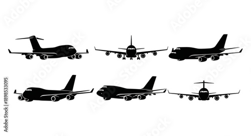 Collection of Airplane Silhouettes Isolated on White Background.
