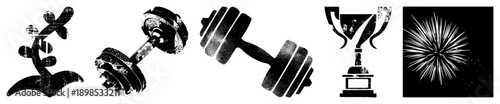 Gym equipment dumbbell, victory trophy, celebratory fireworks, fitness symbols, workout, achievement graphics, black and white vector art.