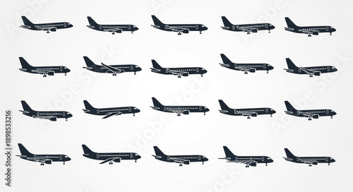 Collection of Airplane Silhouettes Isolated on White Background.