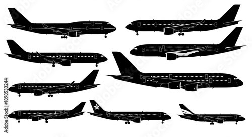 Collection of Airplane Silhouettes on White Background.