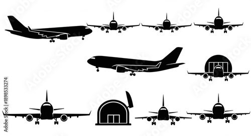 Collection of Airplane Silhouettes and Hangar Icons.