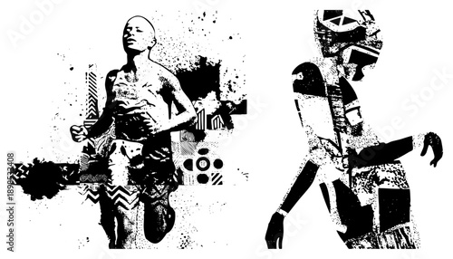 Stylized human figures rendered in high contrast halftone, featuring bold geometric shapes and splatter textures, graphic art composition, isolated vector cutout.