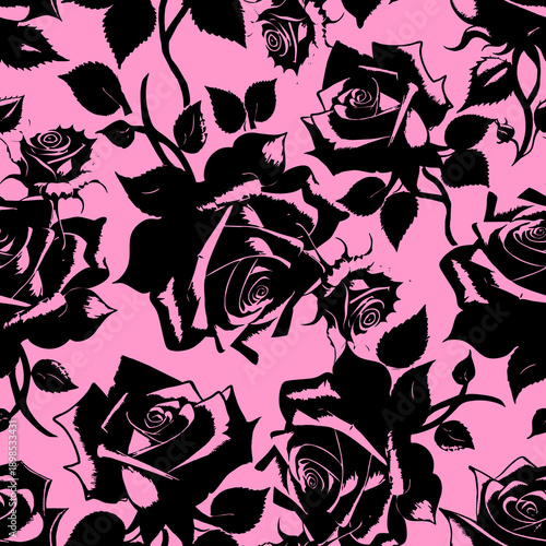 seamless graphic floral pattern black roses on pink background, texture, design