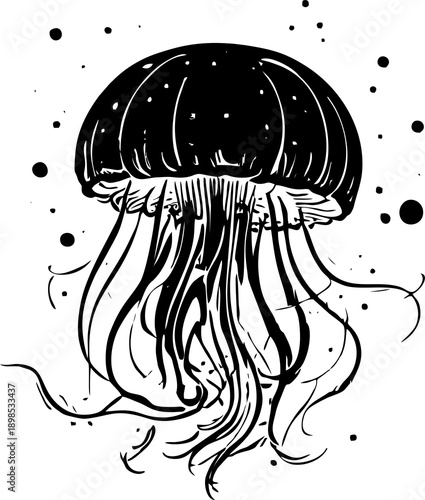 black graphic drawing of a large jellyfish on a white background, isolated element, decor
