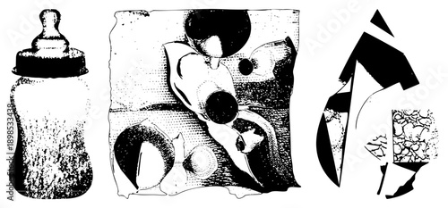 Stylized abstract composition with halftone textures, fragmented forms, and bold negative space, ideal for graphic design or art installations.