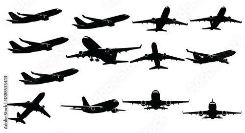 Collection of airplane silhouettes in various flight poses.