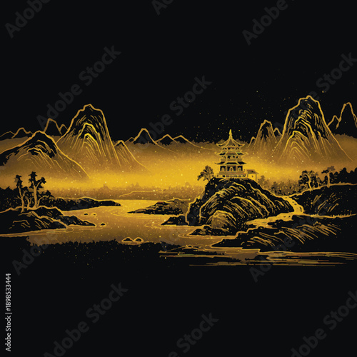 Golden glitter landscape vector with a traditional Chinese pagoda on a cliff, misty mountains, and a river. Luxury oriental ink wash style illustration on a black background.