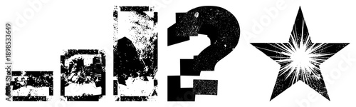 Distressed black glyph with speckled texture, abstract shapes, graphic design elements, vector symbols, stylized question mark and starburst.