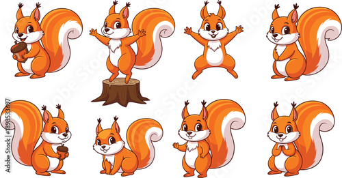 Cheerful squirrel character set featuring cute forest animals with acorns in various poses for autumn nature illustrations, children's book characters, and woodland animal mascots.