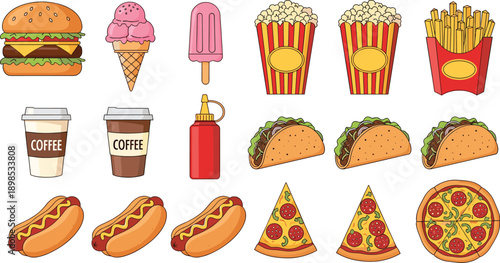 Assortment of colorful fast food and sweet treat illustrations on white background Keywords: food, fast food, sweet, treat