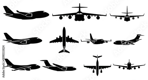 Collection of Airplane Silhouettes in Various Views.